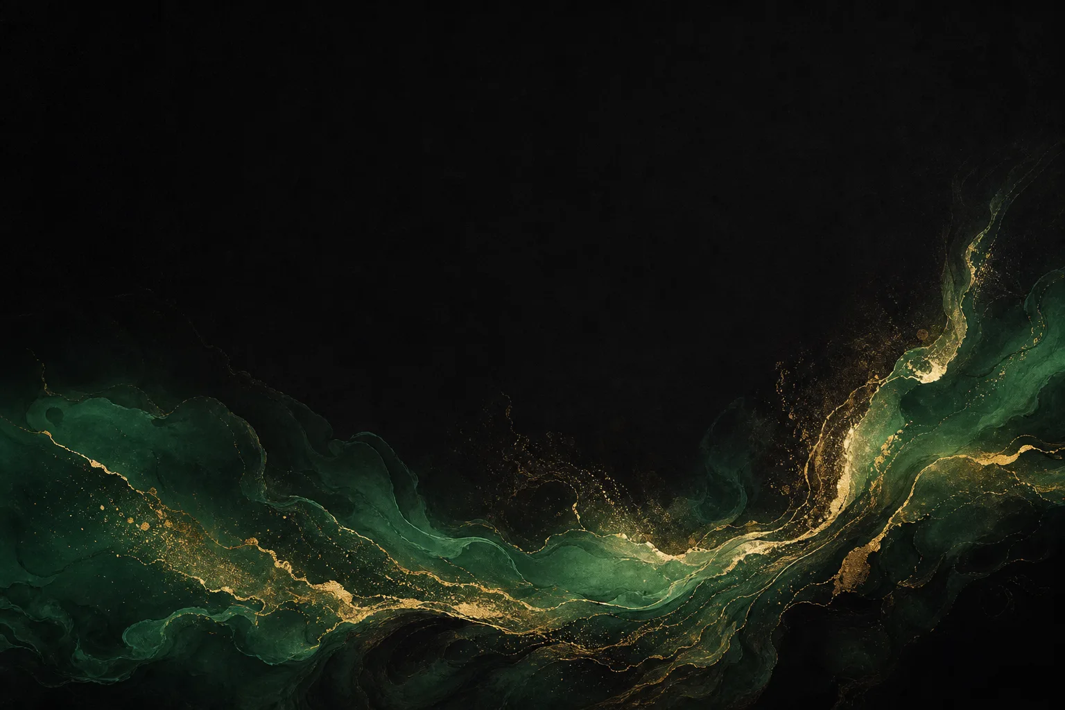 Emerald and gold ink flowing across a dark ground
